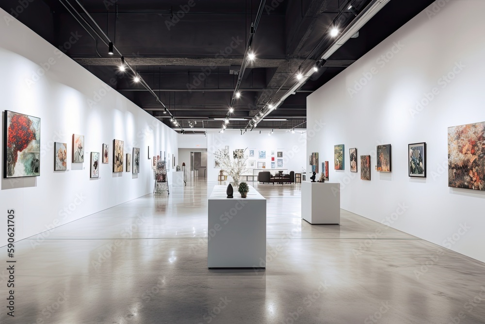contemporary art gallery with minimalist white walls, track lighting, polished concrete floors, and unique artwork displays, providing a modern and curated space for art enthusiasts - Generative AI