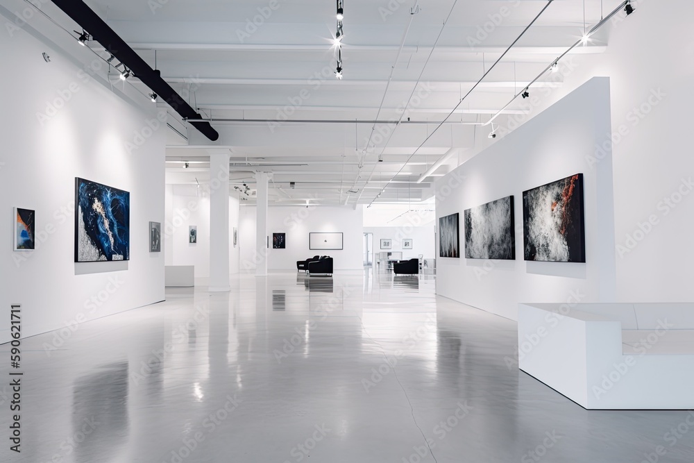 contemporary art gallery with minimalist white walls, track lighting, polished concrete floors, and unique artwork displays, providing a modern and curated space for art enthusiasts - Generative AI