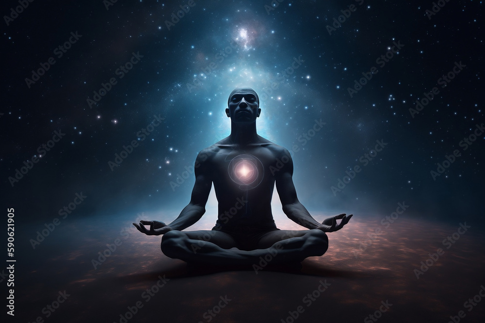 Meditating Man In Yoga Lotus Pose Is Traveling In Neverending Cosmos, Made Using Generative Ai