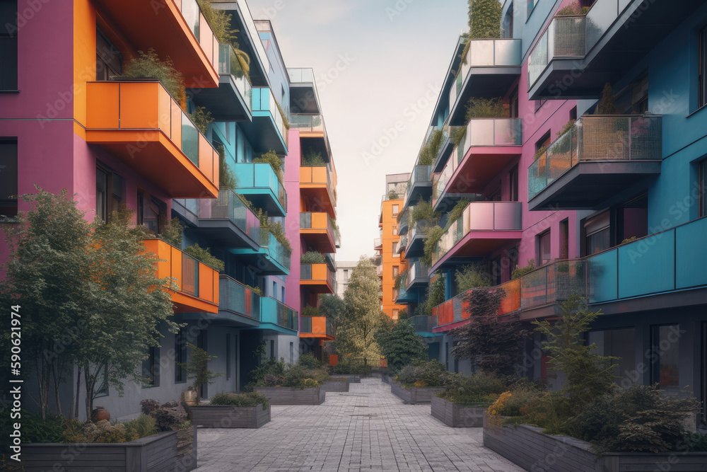 colorful houses on the street created with Generative AI technology colorful houses on the street created with Generative AI technology