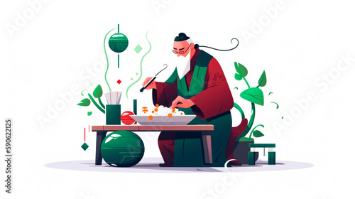 man experimenting in a laboratory, conceptual illustration, white background, in the style of dark green and red, influenced by ancient Chinese art photo