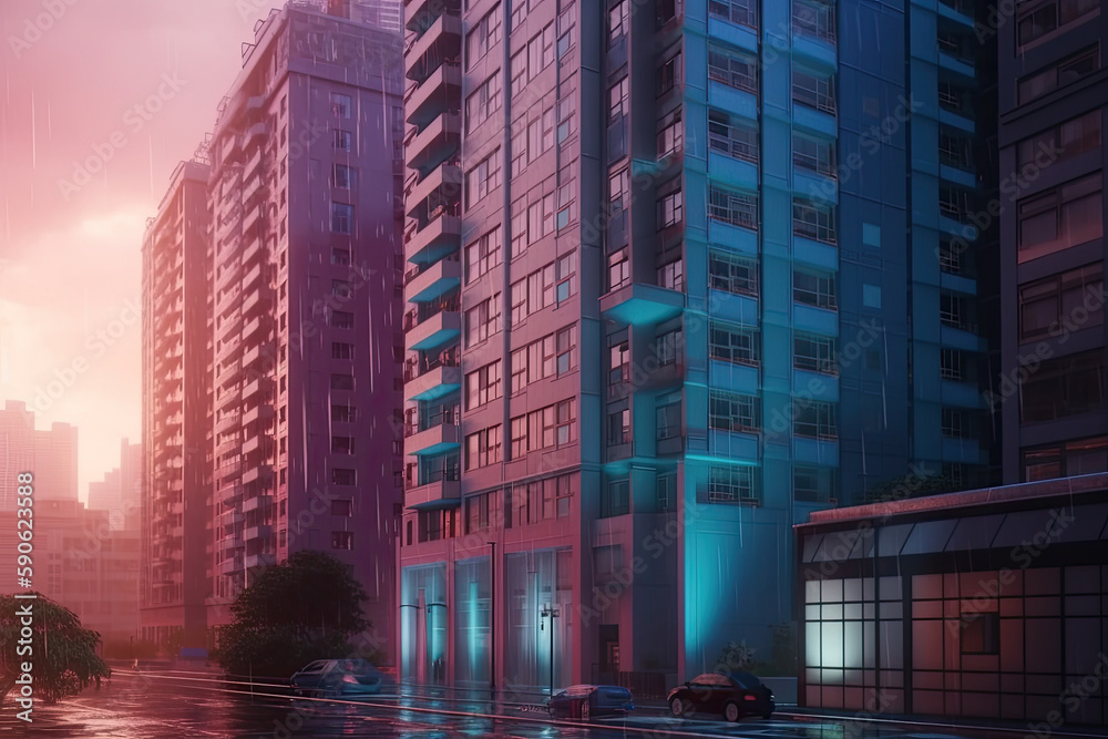 colorful skyscraper in the evening created with Generative AI technology colorful skyscraper in the evening created with Generative AI technology