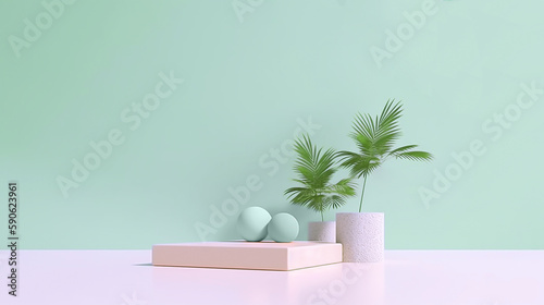 A green wall with a potted palm tree and a podium in the middle summer product presentation