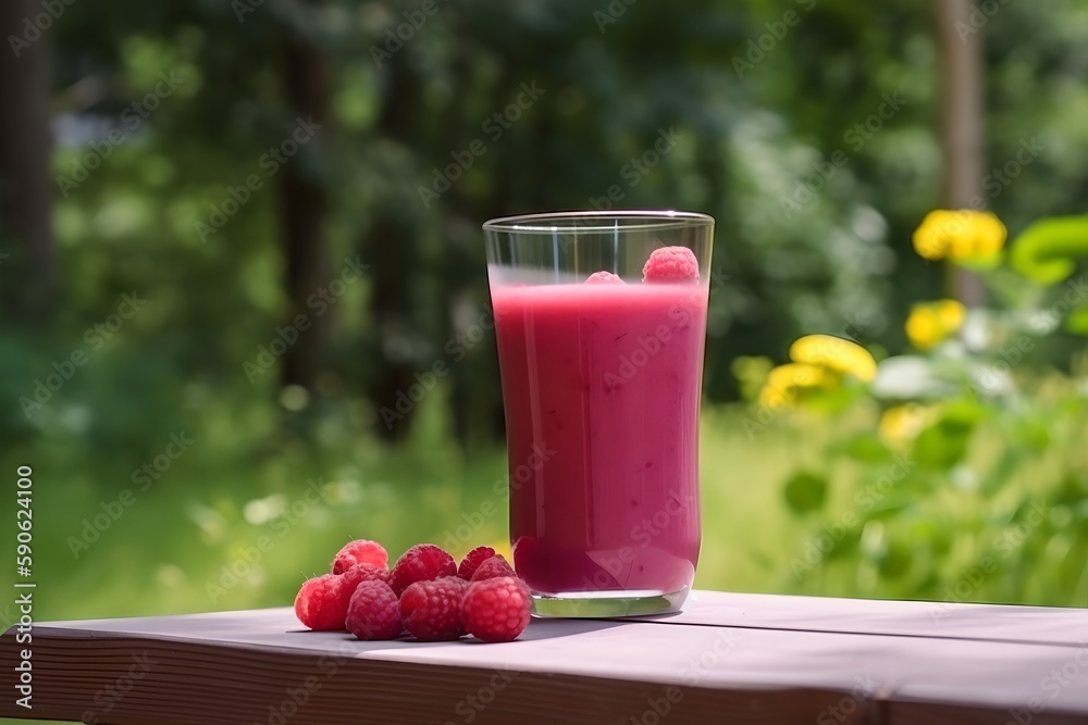 Summer raspberry smoothie in nature against the background of a green summer day, generative ai Summer raspberry smoothie in nature against the background of a green summer day, generative ai