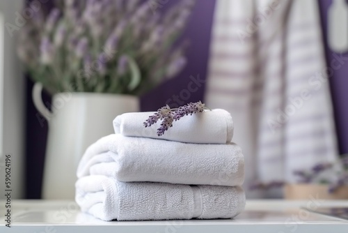 White clean towels stack on table in bathroom next to lavender flowers, generative ai image