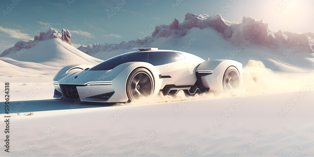 Futuristic car in the snowy desert, generative ai