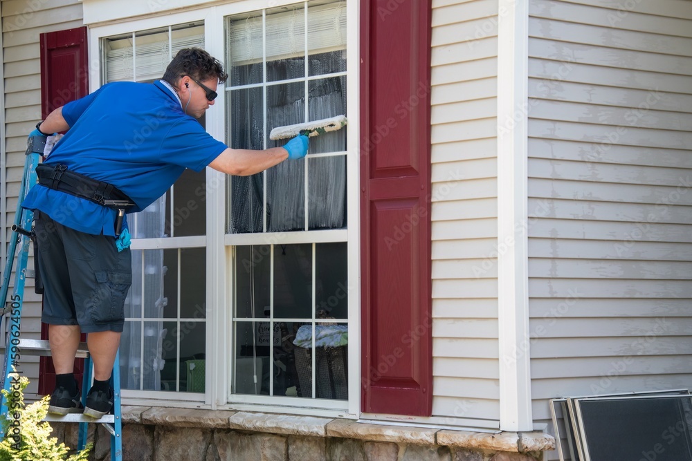 A Caucasian man on a ladder wearing blue latex gloves and listening to ear buds washing a window with a squeegee A Caucasian man on a ladder wearing blue latex gloves and listening to ear buds washing a window with a squeegee