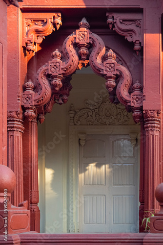 Decorative Pillars & Arches of Gurudwara Shri Guru Singh Sabha, Indore. Shri Guru Nanak Devji Sikh Gurudwara, Indore. Stone Carved Pillars & Arches. Indian Architecture. photo