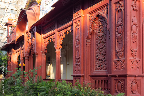 Decorative Pillars & Arches of Gurudwara Shri Guru Singh Sabha, Indore. Shri Guru Nanak Devji Sikh Gurudwara, Indore. Stone Carved Pillars & Arches. Indian Architecture. photo