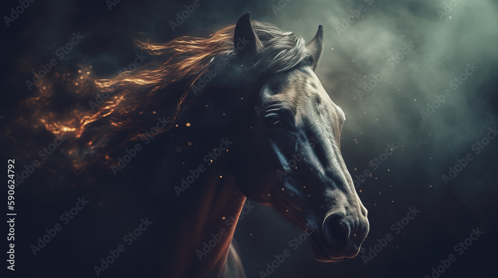 Stylized portrait of horse in the smoke. Generative AI
Stylized portrait of horse in the smoke. Generative AI