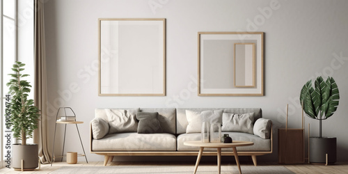one big mock up wall decor frame is hanging in minimal style, empty frame in living room.
