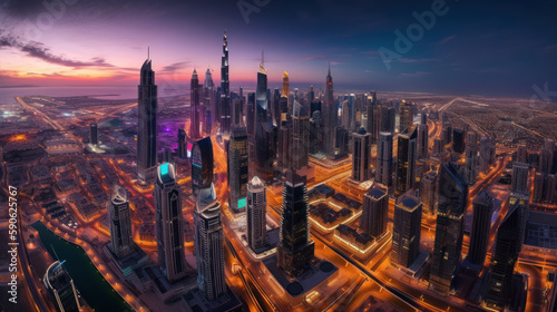 Aerial view of a colorful and vibrant city at night. Skyscrapers and urban skyline illuminated in dusk. Ai generative. © remake