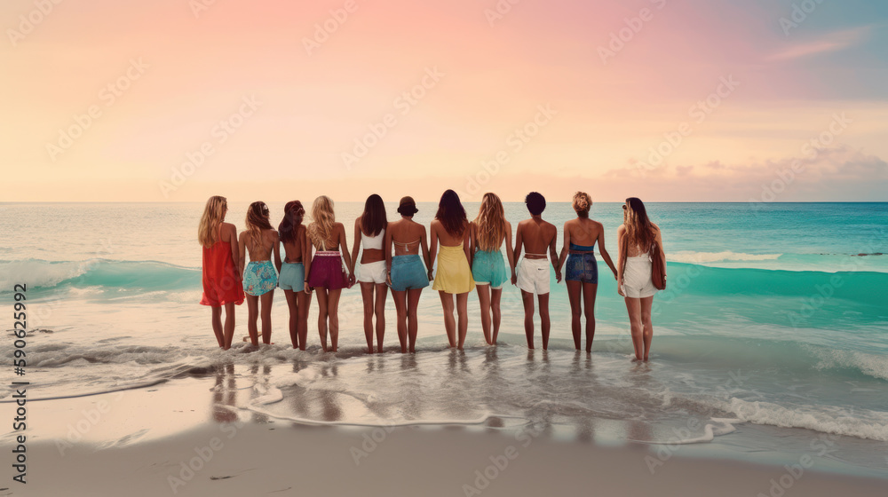 Girls in summer clothes standing on the beach at sunset enjoying their vacations Ai generative.