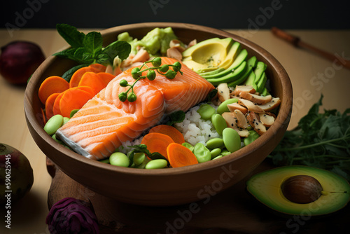 Fresh salmon and vegetables, avocado and tomato salad for healthy eating Ai generative.