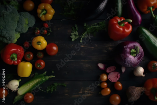 Fresh vegetables on wooden table. Top view of assorted tomatoes and onion representing vegetarian, organic dieting and healthy eating. Ai generative.