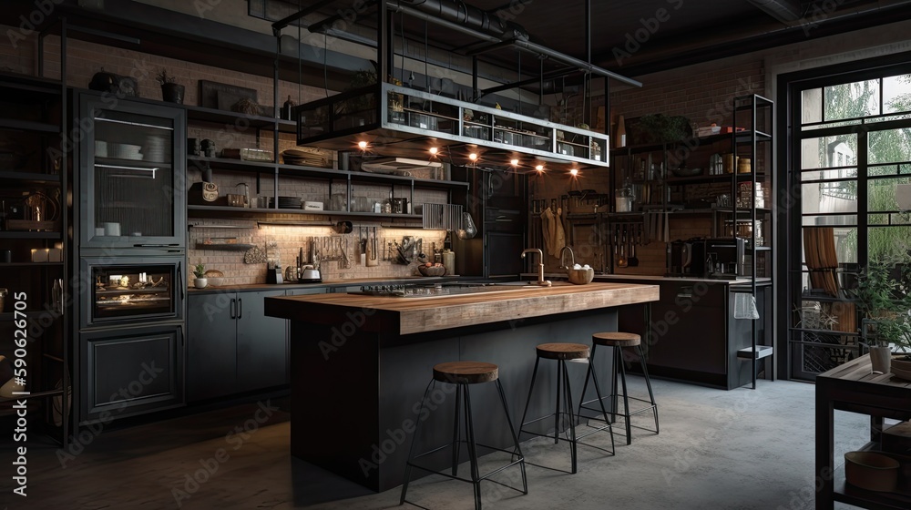 Interior of dark industrial kitchen in a loft with a beautiful design ...