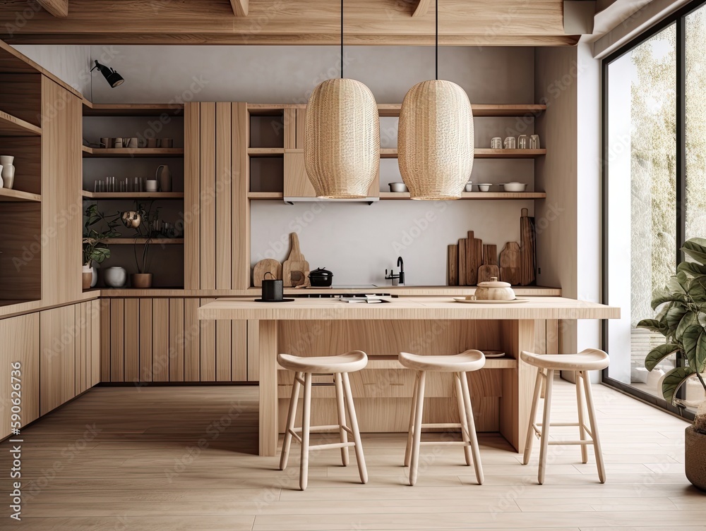 ?????????????????????????????????????????? Interior of modern japandi kitchen with wooden walls