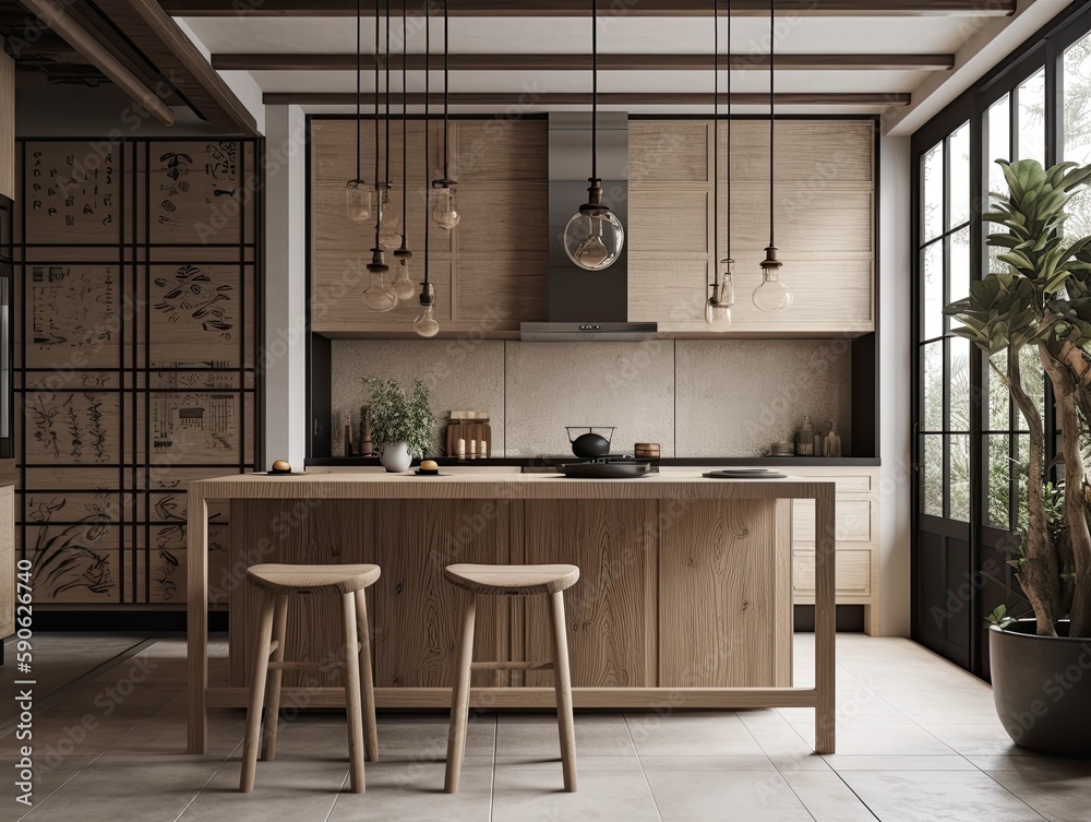 Interior of modern japandi kitchen with wooden walls, tiled floor