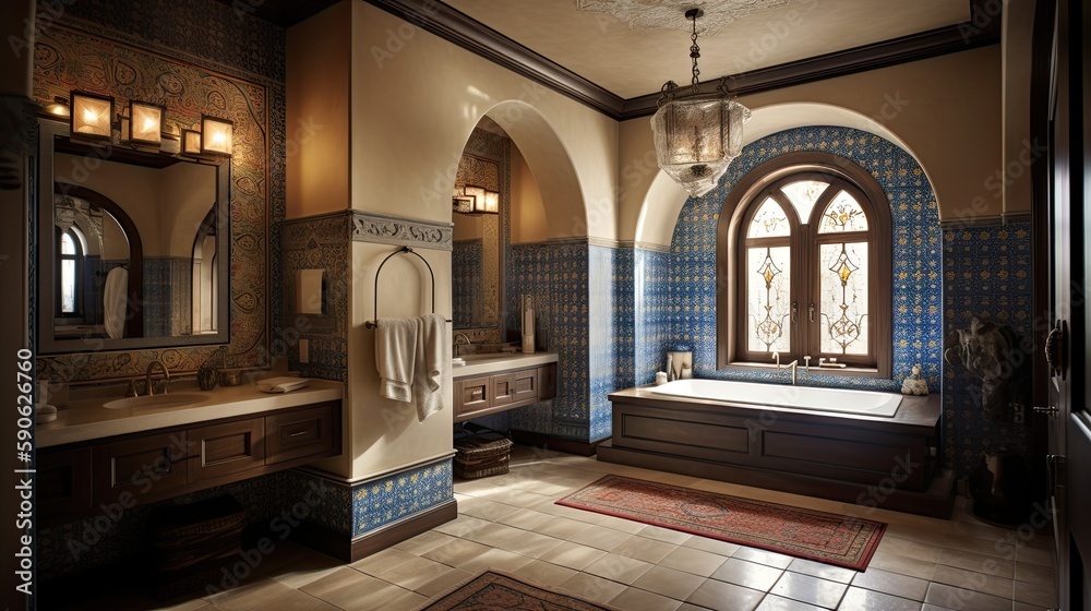 Interior of a luxury bathroom in classic mediterranean style with blue tiles, a chandelier and a big window, generative ai design idea