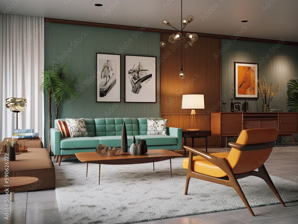 Interior of mid century modern inspired living room with mint blue sofa