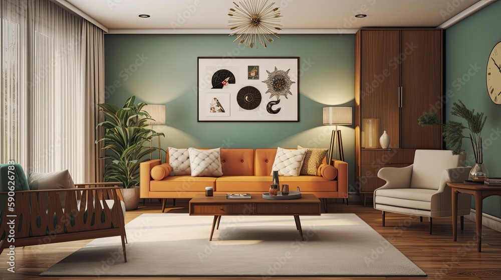 Orange sofa green on sale wall