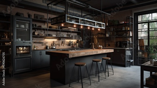 Interior of dark industrial kitchen in a loft with a beautiful design and a brick wall. Generative ai