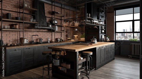 Interior of dark industrial kitchen in a loft with a beautiful design and a brick wall. Generative ai