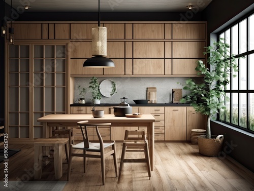 Interior of modern japandi kitchen with wooden walls, black lamp, wooden floor, dark wooden countertops and cupboards. Generative ai design idea