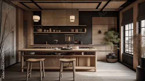Interior of modern japandi kitchen with wooden walls, wooden countertops and wooden cupboards. Generative ai design idea © Sabine