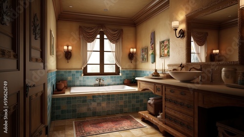 Interior of a luxury bathroom in classic mediterranean style with blue tiles  lamps and a window  generative ai design idea