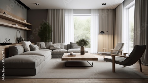 Interior of a minimalist scandinavian living room with big window, gray comfortable sofas and chairs, gray curtains, wooden coffee table and shelves. Generative ai design idea