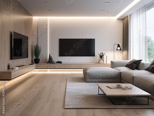 Interior of modern minimalist living room with white walls, wooden floor, comfortable sofa and TV on the wall. Generative ai design idea