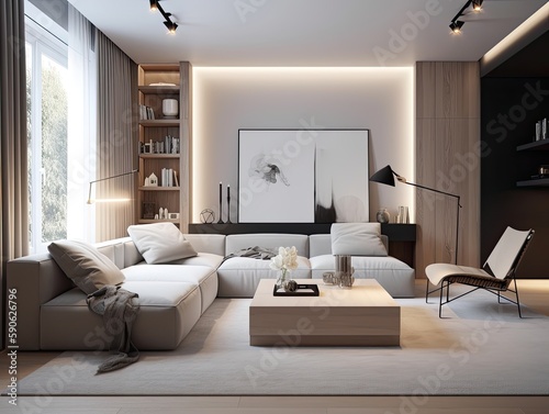 Interior of modern scandinavian living room with white sofas  coffee table  bookcase and big wall art. Generative ai design idea