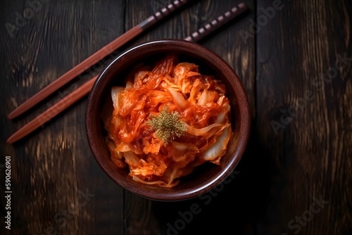 Kimchi cabbage in a bowl on wooden background, top view, Korean Fermented Vegetables Side Dish. Generative ai	