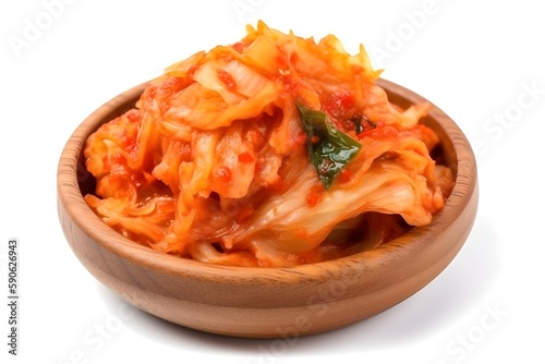 Kimchi cabbage in a bowl on white background, Korean Fermented Vegetables Side Dish. Generative ai 