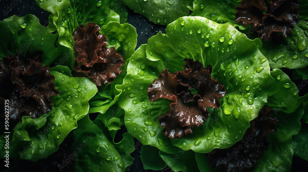 A close up of a bunch of lettuce with water droplets - obrazy, fototapety, plakaty 