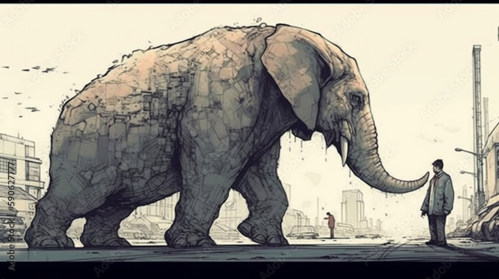 Fototapeta premium Digital painting of an elephant with a man walking in the background.
