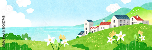 海を眺める街の風景 自然あふれる水彩風景イラスト