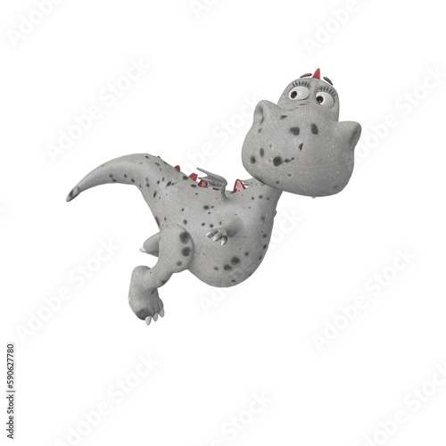 baby dragon is flying and looking back on white background