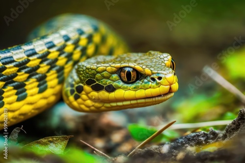 Dendrophila yellow-ringed boiga snake close-up of an animal attacking. Generative AI