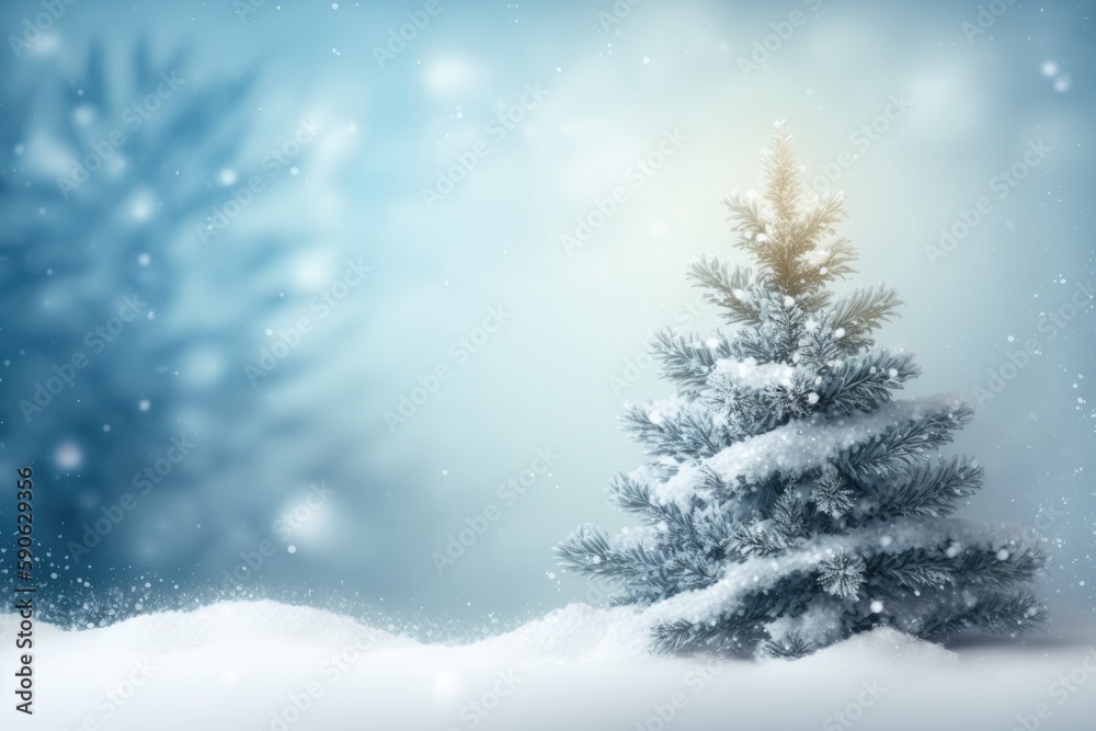 Christmas card layout. Stunning flakes of snow and a fir tree. Generative AI