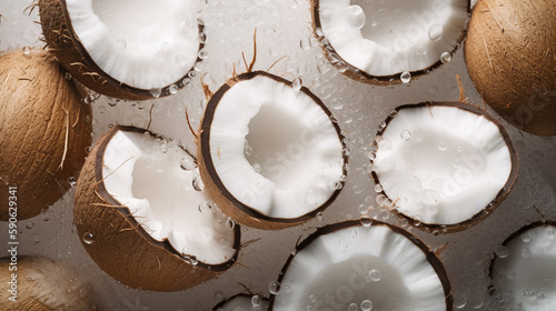 Glistening Fresh Coconut from Top-Down View. High-End Food Photography. Generative AI