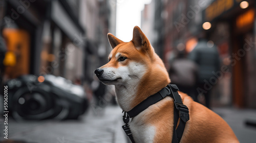 Shiba Inu standing on the streets of downtown