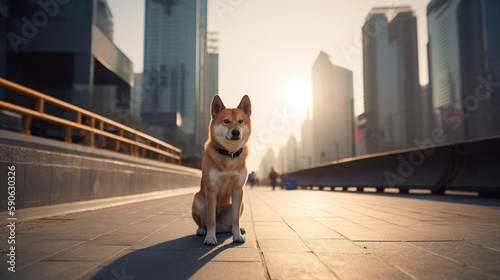 Shiba Inu standing on the streets of downtown