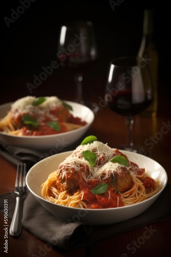 Delicious Spaghetti and Meatballs with Tasty Marinara Sauce on A Plate - Perfect Italian Dinner - Generative Ai