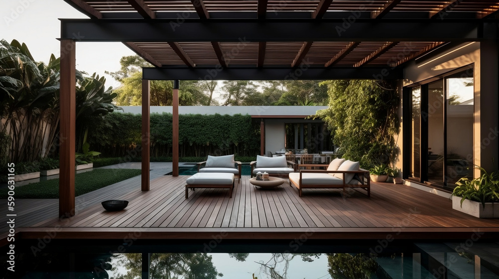 Interior design of a lavish side outside garden at morning, with a teak hardwood deck and a black pergola. Scene in the evening with couches and lounge chairs by the pool. Generative ai