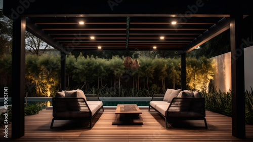 Interior design of a lavish side outside garden at morning, with a teak hardwood deck and a black pergola. Scene in the evening with couches and lounge chairs by the pool . Generative ai