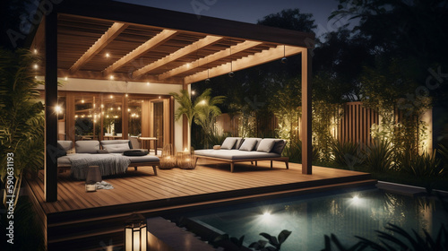 Interior design of a lavish side outside garden at morning, with a teak hardwood deck and a black pergola. Scene in the evening with couches and lounge chairs by the pool . Generative ai © Jesus From Baku