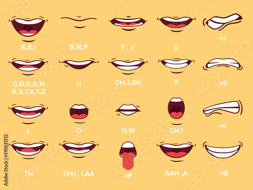 Lip sync character mouthanimation .Mouth animation set. Lip sync, speaking mouth of cartoon character pronouncing sounds. Flat vector illustration for speaking articulation, English language studying 