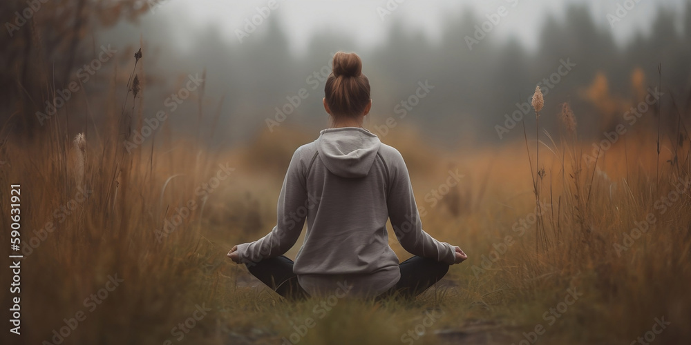 Fototapeta premium Young woman practicing yoga in clearing. Harmony, meditation, healthy lifestyle, relaxation, yoga, self care, mindfulness concept